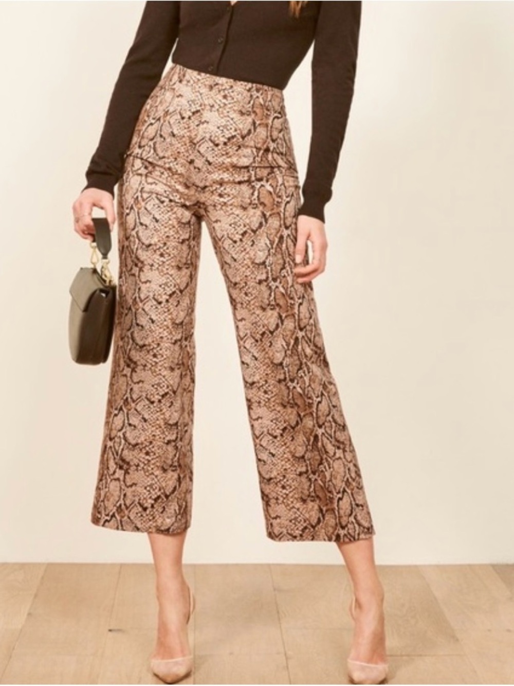 Reformation Cropped High-Rise Snake Print Pants - Brown & Black
